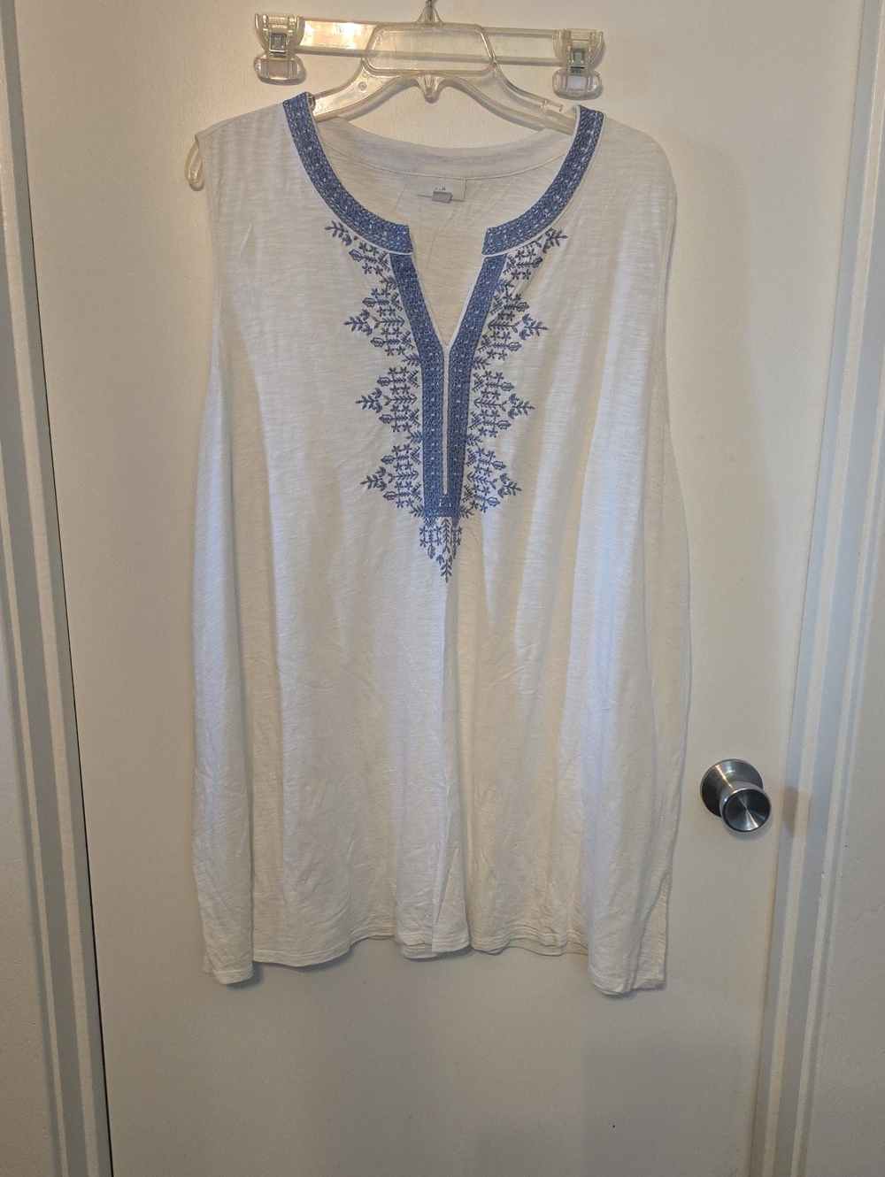 J. Jill White Tank with Blue Embroidered V-Neck